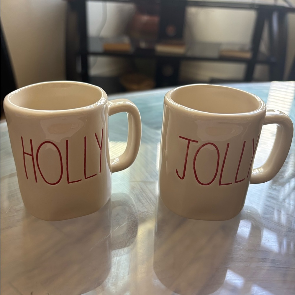 Rae Dunn Festive Holly Jolly Mugs - Cream with Red Text